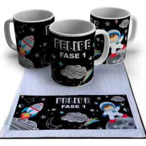 Kit Escolar Caneca E Toalha Personalizados Astronauta