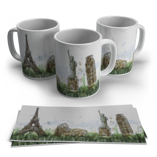 Caneca Plástica Pontos Turísticos - Paris, Roma, New York