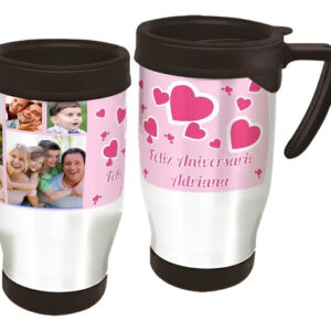 Copo Caneca Térmica Coração Rosa Branco